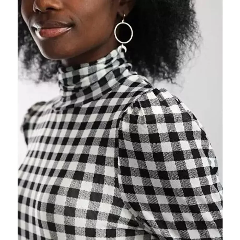 Free People Gathered Turtleneck Black & White Gingham Checkered Mesh Slim Top